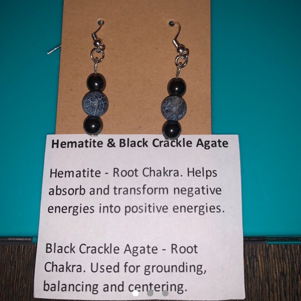 Hematite and black crackle agate chakra earrings